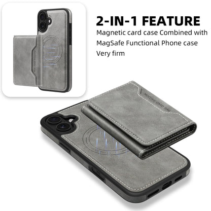 For iPhone 16 Plus Shield Multi-functional MagSafe Card Bag Phone Case(Grey) - iPhone 16 Plus Cases by buy2fix | Online Shopping UK | buy2fix