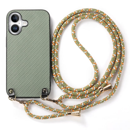 For iPhone 16 Carbon Fiber Texture Leather Back Phone Case with Crossbody Strap(Green) - iPhone 16 Cases by buy2fix | Online Shopping UK | buy2fix