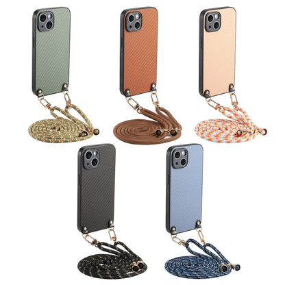 For iPhone 16 Plus Carbon Fiber Texture Leather Back Phone Case with Crossbody Strap(Khaki) - iPhone 16 Plus Cases by buy2fix | Online Shopping UK | buy2fix