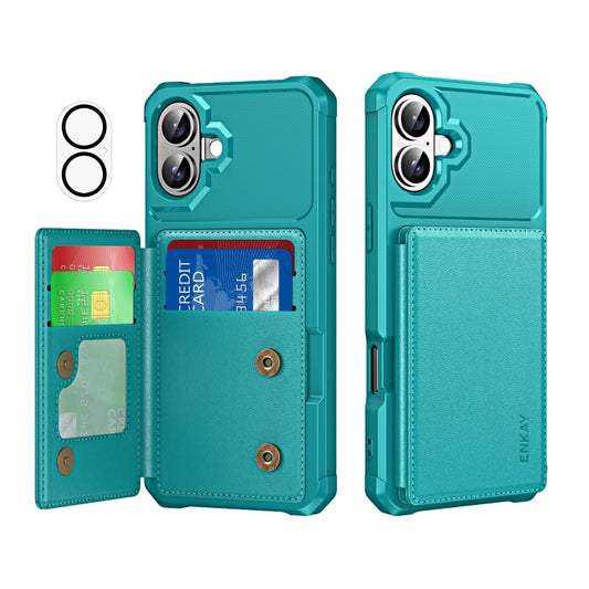 For iPhone 16 ENKAY Hat-Prince Card Slot Wallet TPU Back Leather Phone Case with Lens Film(Cyan) - iPhone 16 Cases by ENKAY | Online Shopping UK | buy2fix