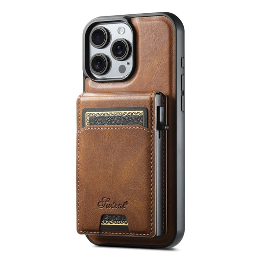 For iPhone 15 Pro Max Suteni H19 Oil Wax 2-in-1 MagSafe Removable Card Box Back Phone Case(Brown) - iPhone 15 Pro Max Cases by Suteni | Online Shopping UK | buy2fix