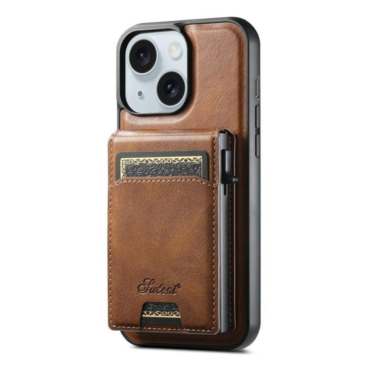 For iPhone 15 Plus Suteni H19 Oil Wax 2-in-1 MagSafe Removable Card Box Back Phone Case(Brown) - iPhone 15 Plus Cases by Suteni | Online Shopping UK | buy2fix