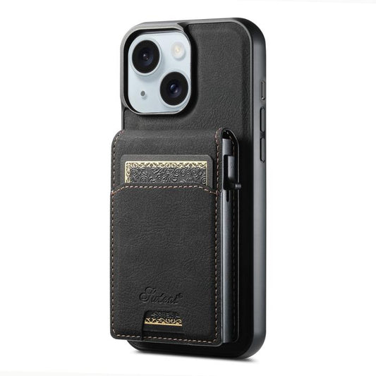 For iPhone 15 Plus Suteni H19 Litchi Grain 2-in-1 MagSafe Removable Card Box Back Phone Case(Black) - iPhone 15 Plus Cases by Suteni | Online Shopping UK | buy2fix