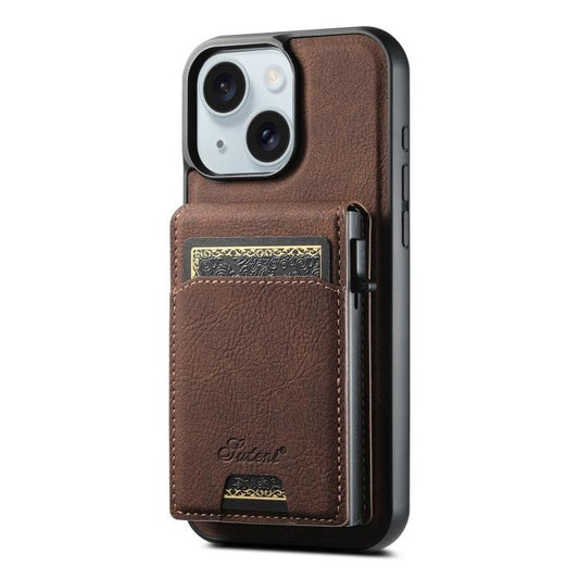 For iPhone 15 Plus Suteni H19 Litchi Grain 2-in-1 MagSafe Removable Card Box Back Phone Case(Brown) - iPhone 15 Plus Cases by Suteni | Online Shopping UK | buy2fix