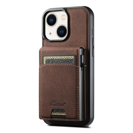 For iPhone 14 Suteni H19 Litchi Grain 2-in-1 MagSafe Removable Card Box Back Phone Case(Brown) - iPhone 14 Cases by Suteni | Online Shopping UK | buy2fix