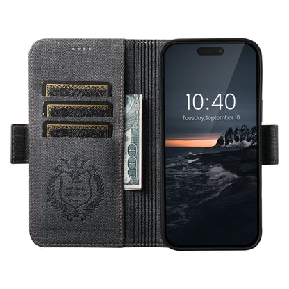 For iPhone 16 Plus Suteni J07 Multi-functional Horizontal MagSafe Denim Leather Phone Case(Black) - iPhone 16 Plus Cases by Suteni | Online Shopping UK | buy2fix