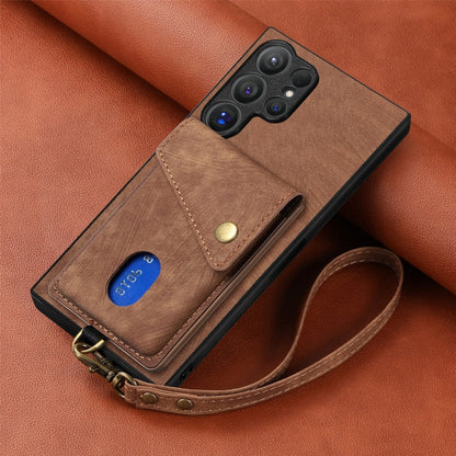 For Samsung Galaxy S25 Ultra 5G Retro Card Wallet Fold Leather Phone Case with Strap(Brown) - Galaxy S25 Ultra 5G Cases by buy2fix | Online Shopping UK | buy2fix