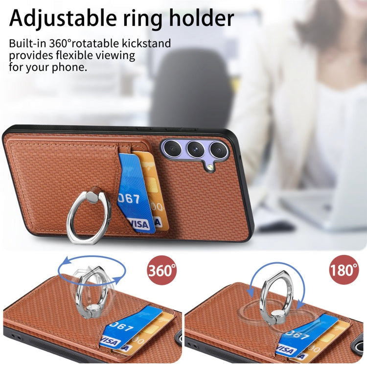 For Samsung Galaxy S25+ 5G Carbon Fiber Card Wallet Ring Phone Case(Brown) - Galaxy S25+ 5G Cases by buy2fix | Online Shopping UK | buy2fix