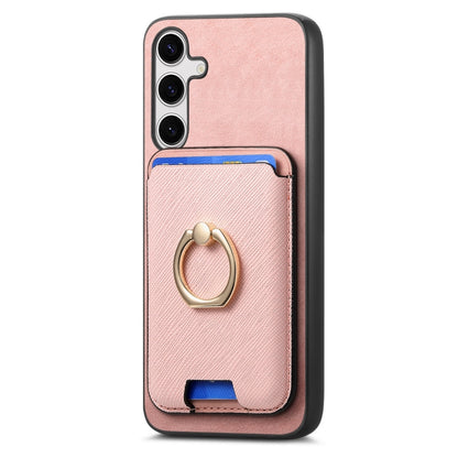 For Samsung Galaxy S25 5G Retro Cross Leather Ring Vertical Insert Card Bag MagSafe Phone Case(Pink) - Galaxy S25 5G Cases by buy2fix | Online Shopping UK | buy2fix