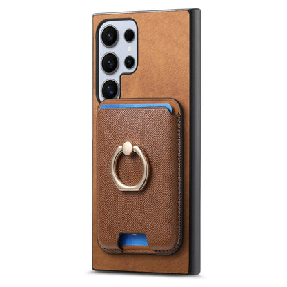 For Samsung Galaxy S25 Ultra 5G Retro Cross Leather Ring Vertical Insert Card Bag MagSafe Phone Case(Brown) - Galaxy S25 Ultra 5G Cases by buy2fix | Online Shopping UK | buy2fix