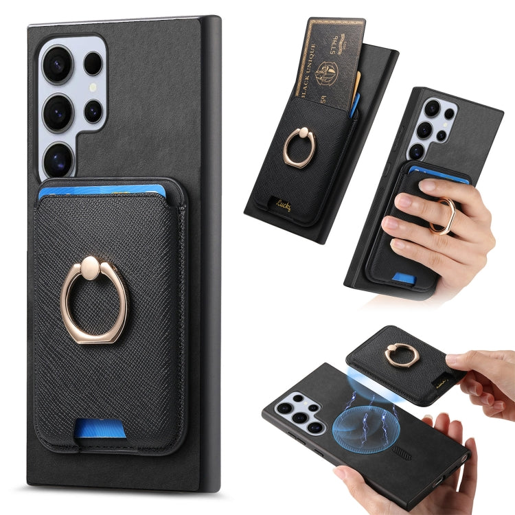 For Samsung Galaxy S25 Ultra 5G Retro Cross Leather Ring Vertical Insert Card Bag MagSafe Phone Case(Black) - Galaxy S25 Ultra 5G Cases by buy2fix | Online Shopping UK | buy2fix