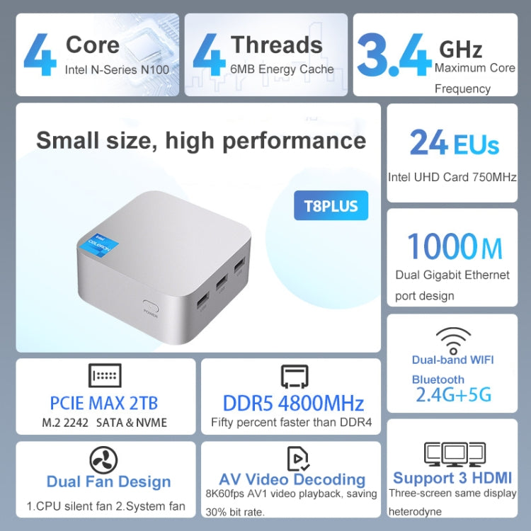 T8Plus Alder Lake-N100 4K Dual Band WIFI Bluetooth Office Game Portable Mini PC, Spec: 16G 512G EU Plug - Windows Mini PCs by buy2fix | Online Shopping UK | buy2fix