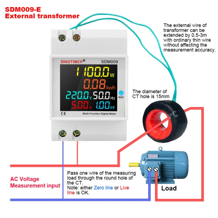 SINOTIMER SDM009 Din Rail Single-Phase Voltage Current Frequency Power Factor Electricity Multifunctional Meter, Model: AC40-300V External - Current & Voltage Tester by SINOTIMER | Online Shopping UK | buy2fix