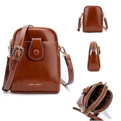 Baellerry N8925 Oil Wax Leather Double Zipper Mobile Phone Bag Shoulder Crossbody Coin Purse(Brown) - Single-shoulder Bags by Baellerry | Online Shopping UK | buy2fix