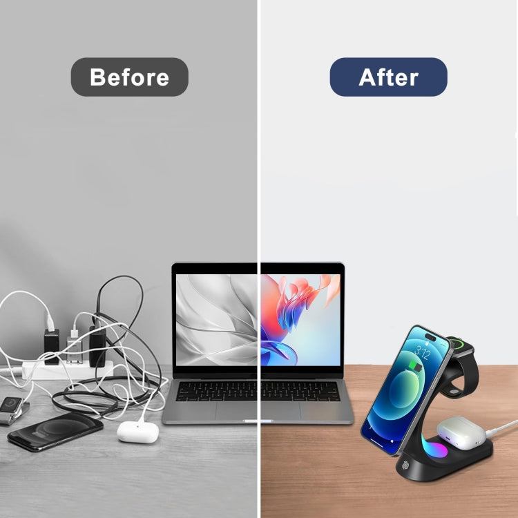 T17 3-in-1 RGB Atmosphere Light MagSafe Phone Watch Earphone Wireless Charger, Color: Black no Plug - Wireless Charger by buy2fix | Online Shopping UK | buy2fix