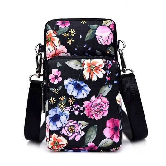 Printed Crossbody Mobile Phone Bag Mini Wallet With Arm Band, Style: Black Flower1 - Single-shoulder Bags by buy2fix | Online Shopping UK | buy2fix