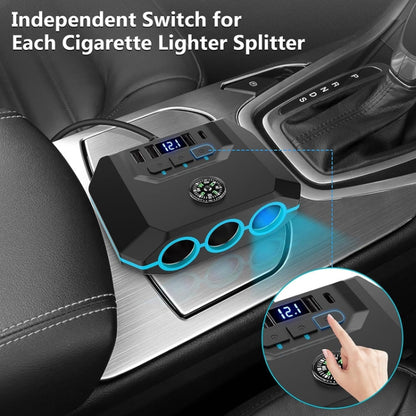 TR52 Car Cigarette Lighter One To Three With Switch Voltage Display - Cigar Socket by buy2fix | Online Shopping UK | buy2fix