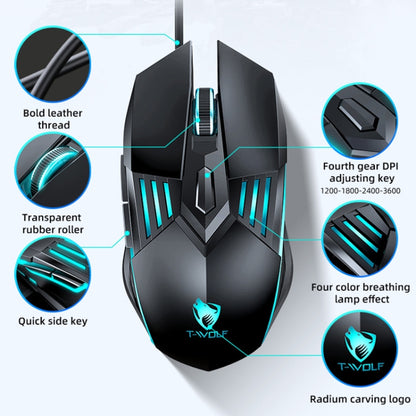 T-WOLF G560 6-keys Cool Breathing Light Gaming Wired Mouse Mechanical Office Silent Mouse(Gray) - Wired Mice by T-WOLF | Online Shopping UK | buy2fix