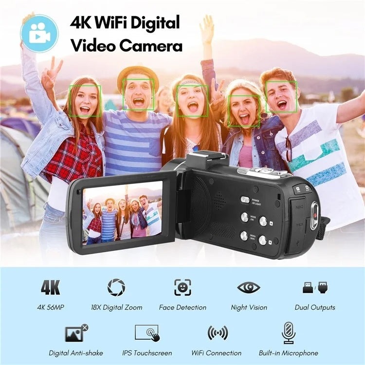 4K  Digital Video Camera 3 Inch IPS Touch Screen 56MP 18X Digital Zoom WiFi Camcorder, Spec: Set 3 - Video Cameras by buy2fix | Online Shopping UK | buy2fix