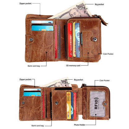 Genuine Cowhide Leather Crazy Horse Texture Zipper 3-folding Short Style Card Holder Wallet RFID Blocking Coin Purse Card Bag Protect Case for Men, Size: 12*9.5*4cm(Taupe) - Antimagnetic RFID Package by buy2fix | Online Shopping UK | buy2fix