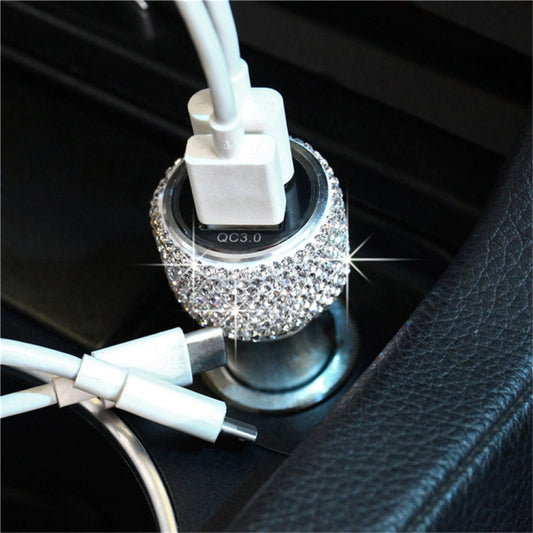 Car Diamond Aluminium Alloy QC3.0 Dual USB Quick Charger(White) - In Car by buy2fix | Online Shopping UK | buy2fix