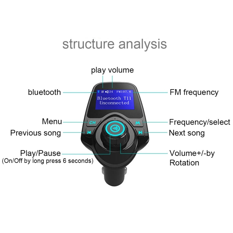 T11 Bluetooth FM Transmitter Car MP3 Player with LED Display, Support Double USB Charge & Handsfree & TF Card & U Disk Music Play Function - Bluetooth Car Kits by buy2fix | Online Shopping UK | buy2fix