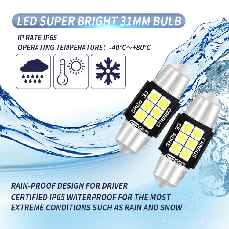 2 PCS 31mm DC12V-24V 3W 6000K 660LM 6LEDs SMD-3030 Car Reading Lamp / License Plate Light - In Car by buy2fix | Online Shopping UK | buy2fix