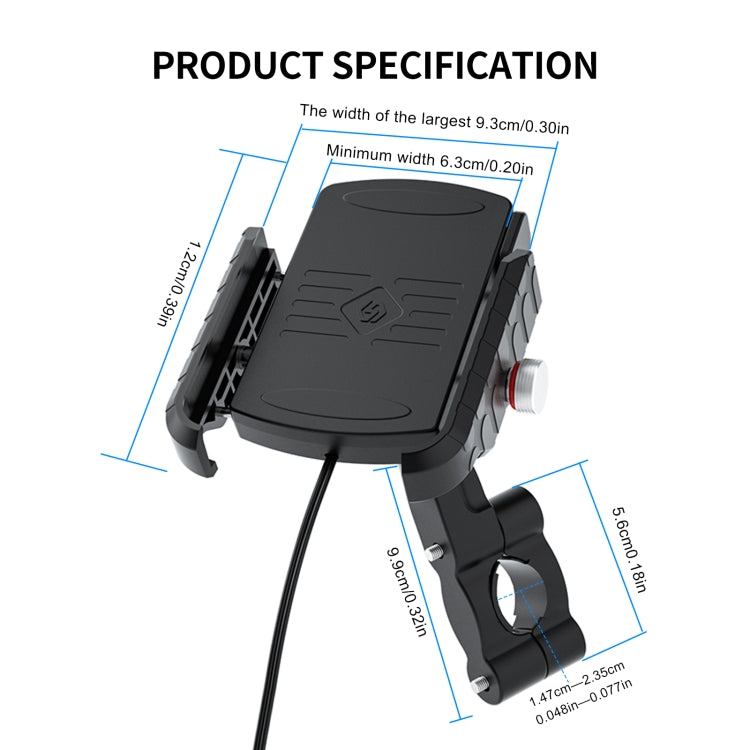 ZH-19414A1 Motorcycle Handlebar Qi USB Wireless Charging Phone Holder - In Car by buy2fix | Online Shopping UK | buy2fix