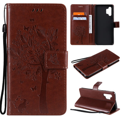 For Samsung Galaxy A32 5G Tree & Cat Pattern Pressed Printing Horizontal Flip PU Leather Case with Holder & Card Slots & Wallet & Lanyard(Coffee) - Galaxy Phone Cases by imak | Online Shopping UK | buy2fix