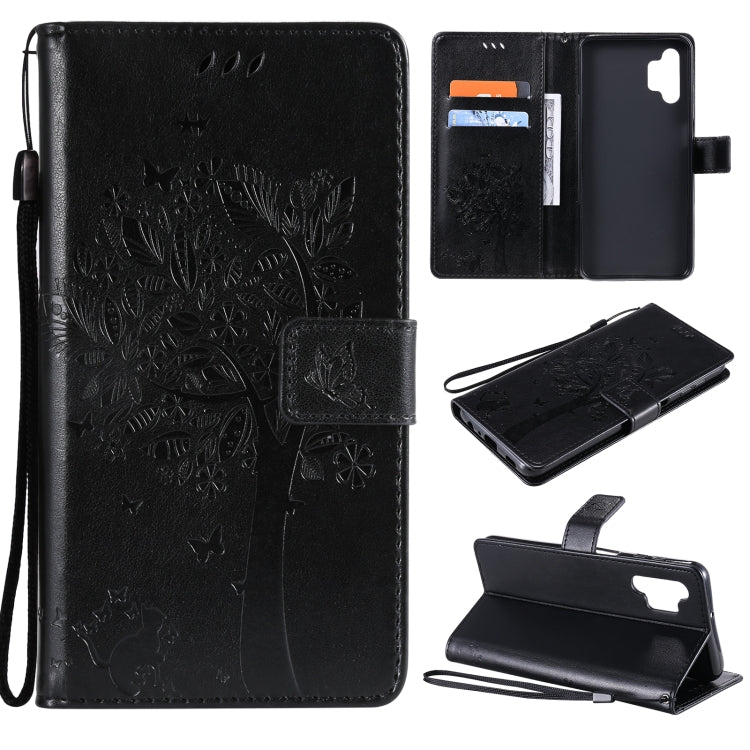 For Samsung Galaxy A32 5G Tree & Cat Pattern Pressed Printing Horizontal Flip PU Leather Case with Holder & Card Slots & Wallet & Lanyard(Black) - Galaxy Phone Cases by imak | Online Shopping UK | buy2fix