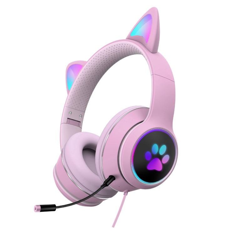 AKZ-022 USB + 3.5mm Port Cat Ear Design Foldable LED Headset with Mic(Pink) - Multimedia Headset by buy2fix | Online Shopping UK | buy2fix