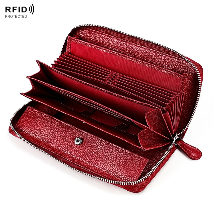 RFID Lychee Texture Fashion Organ Clutch Ladies Zipper Long Change Bag(Red Wine) - Antimagnetic RFID Package by buy2fix | Online Shopping UK | buy2fix