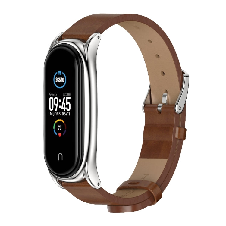 For Xiaomi Mi Band 6 / 5 / 4 / 3 Mijobs Metal Case Crazy Horse Texture PU Microfiber Plus Watch Band(Brown Silver) - Watch Bands by MIJOBS | Online Shopping UK | buy2fix