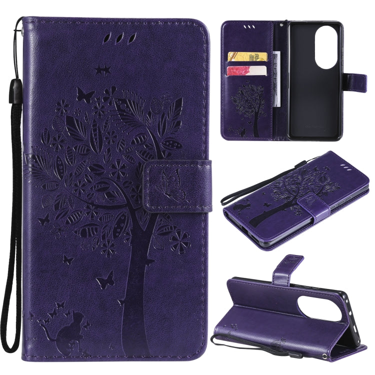 For Huawei P50 Pro Tree & Cat Pattern Pressed Printing Horizontal Flip PU Leather Case with Holder & Card Slots & Wallet & Lanyard(Purple) - Huawei Cases by buy2fix | Online Shopping UK | buy2fix