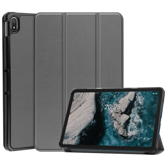 For Nokia T20 Three-folding Holder Custer Texture Leather Tablet Case(Grey) - Mobile Accessories by buy2fix | Online Shopping UK | buy2fix