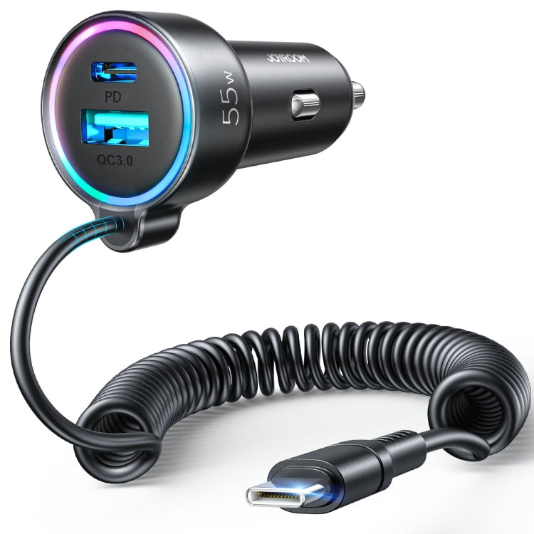 JOYROOM JR-CL07 3 in 1 55W PD USB-C / Type-C + USB Interface Car Charger with USB-C / Type-C Spring Data Cable(Black) - Car Charger by JOYROOM | Online Shopping UK | buy2fix