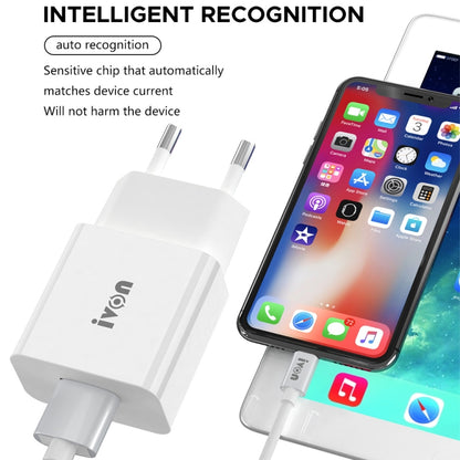 IVON AD-35 2 in 1 18W QC3.0 USB Port Travel Charger + 1m USB to 8 Pin Data Cable Set, EU Plug(White) - Apple Accessories by IVON | Online Shopping UK | buy2fix