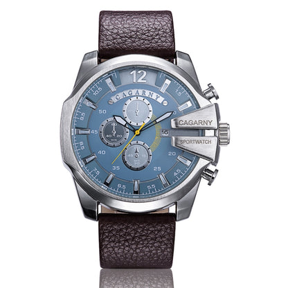 CAGARNY 6839 Irregular Large Dial Leather Band Quartz Sports Watch For Men(Silver Blue Brown) - Metal Strap Watches by CAGARNY | Online Shopping UK | buy2fix