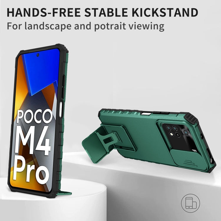 For Xiaomi Poco M4 Pro 4G Stereoscopic Holder Sliding Camshield Phone Case(Dark Green) - Xiaomi Cases by buy2fix | Online Shopping UK | buy2fix