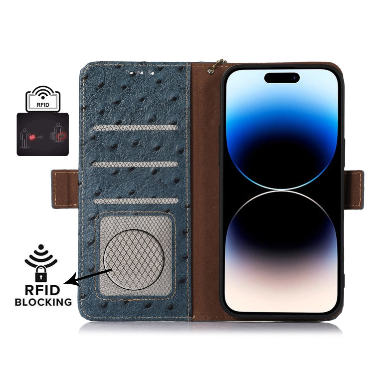 For Samsung Galaxy S22 Ultra 5G Ostrich Pattern Genuine Leather RFID Phone Case(Blue) - Galaxy S22 Ultra 5G Cases by buy2fix | Online Shopping UK | buy2fix