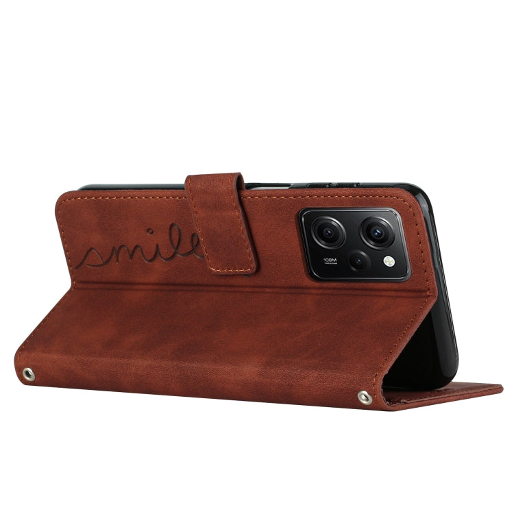 For Xiaomi Redmi Note 12 Pro Speed / Poco X5 Pro 5G Skin Feel Heart Pattern Leather Phone Case with Lanyard(Brown) - Xiaomi Cases by buy2fix | Online Shopping UK | buy2fix