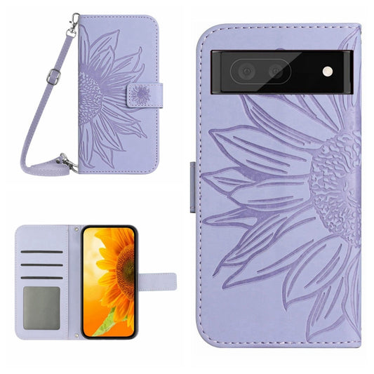 For Google Pixel 7A Skin Feel Sun Flower Pattern Flip Leather Phone Case with Lanyard(Purple) - Google Cases by buy2fix | Online Shopping UK | buy2fix