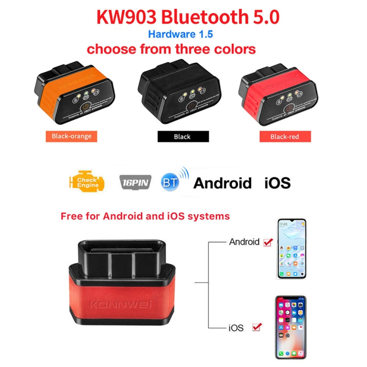 KONNWEI KW903 Bluetooth 5.0 OBD2 Car Fault Diagnostic Scan Tools Support IOS / Android(Black Red) - Code Readers & Scan Tools by KONNWEI | Online Shopping UK | buy2fix