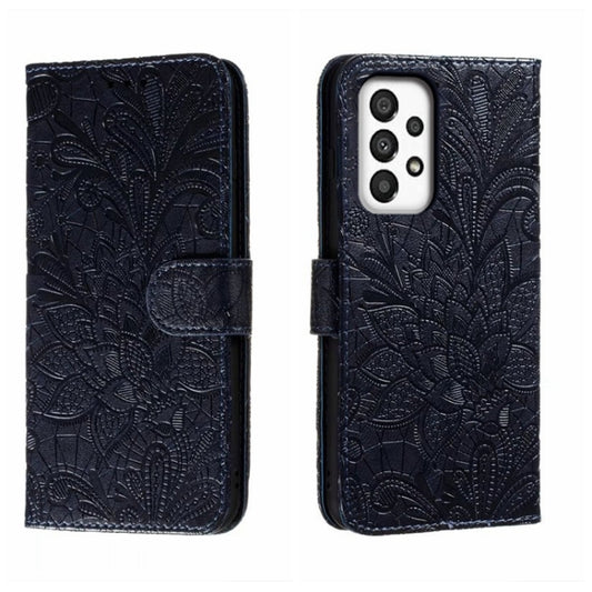 For Samsung Galaxy A34 5G Lace Flower Embossing Flip Leather Phone Case(Dark Blue) - Galaxy Phone Cases by buy2fix | Online Shopping UK | buy2fix