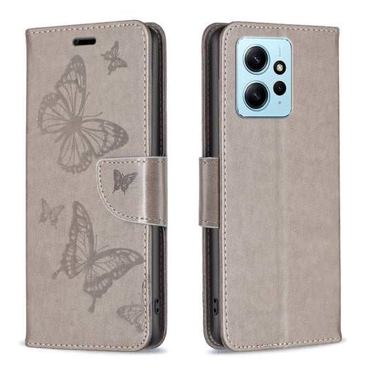 For Xiaomi Redmi Note 12 4G Global Two Butterflies Embossing Leather Phone Case(Grey) - Note 12 Cases by buy2fix | Online Shopping UK | buy2fix