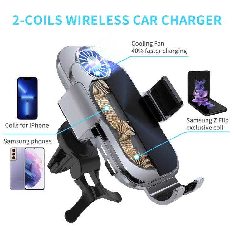 For Samsung Galaxy Z Flip4 / 3 C36 Fan Cooling Dual Coil Car Phone Holder Wireless Charger - In Car by buy2fix | Online Shopping UK | buy2fix