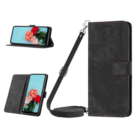 For Nokia C32 Skin Feel Stripe Pattern Leather Phone Case with Lanyard(Black) - Nokia Cases by buy2fix | Online Shopping UK | buy2fix