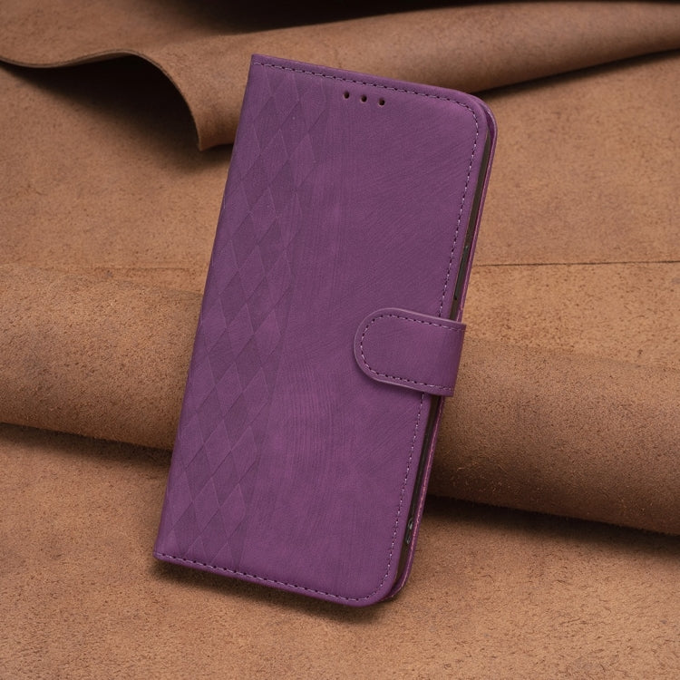 For iPhone 14 Pro Plaid Embossed Leather Phone Case(Purple) - iPhone 14 Pro Cases by buy2fix | Online Shopping UK | buy2fix