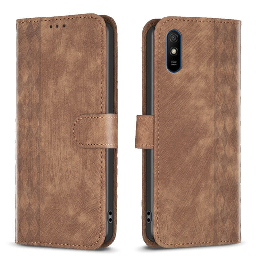 For Xiaomi Redmi 9A Plaid Embossed Leather Phone Case(Brown) - Xiaomi Cases by buy2fix | Online Shopping UK | buy2fix