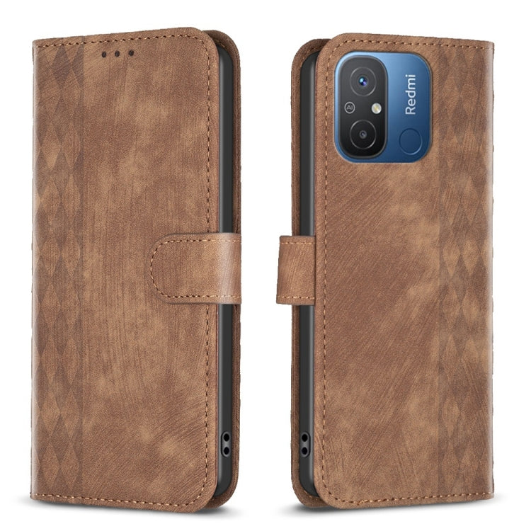 For Xiaomi Redmi 12C Plaid Embossed Leather Phone Case(Brown) - Xiaomi Cases by buy2fix | Online Shopping UK | buy2fix